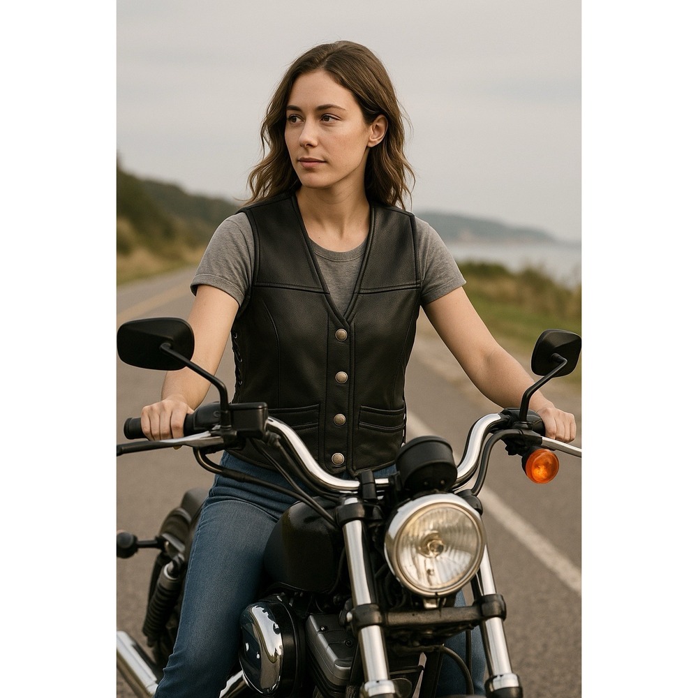 Milwaukee Leather Vest Women Large Black Moto Buffalo Nickel Snaps Braided Rider
